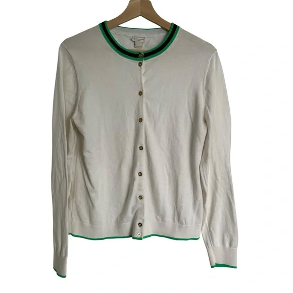 J Crew The Caryn Cardigan White/Cream & Green trim size Large - Picture 2 of 12